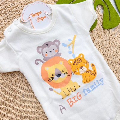 Kit 3 Peças - Bodys Manga Curta Wild Boy - Off White e Azul Jeans, Off White e Mostarda